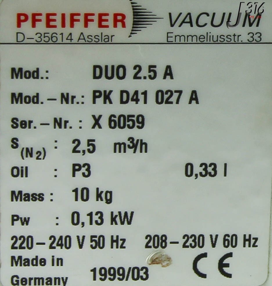 4371 PFEIFFER D-35614 ASSLAR VACUUM PUMP DUO 2.5A PK D41 027A -...